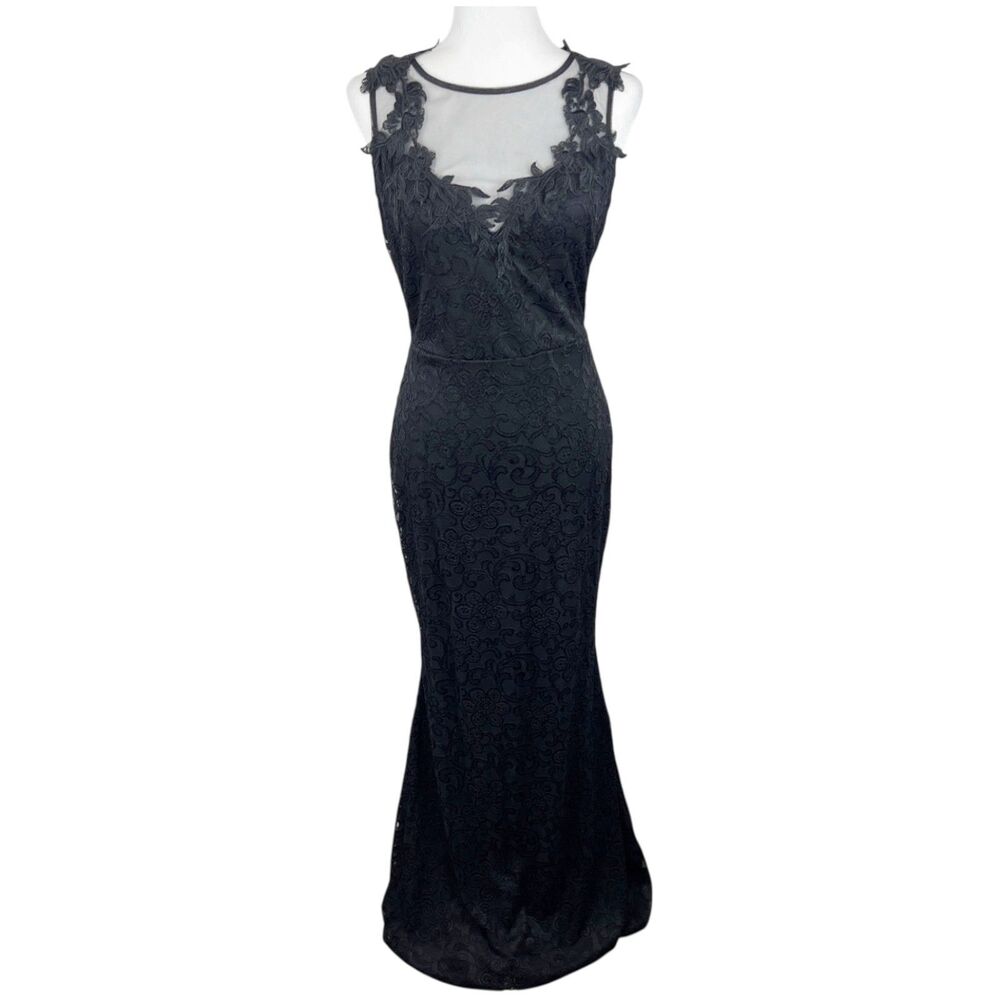 Symphony Gown Women Large Black Mesh Collar Long Maxi Formal Floral Applique NWT